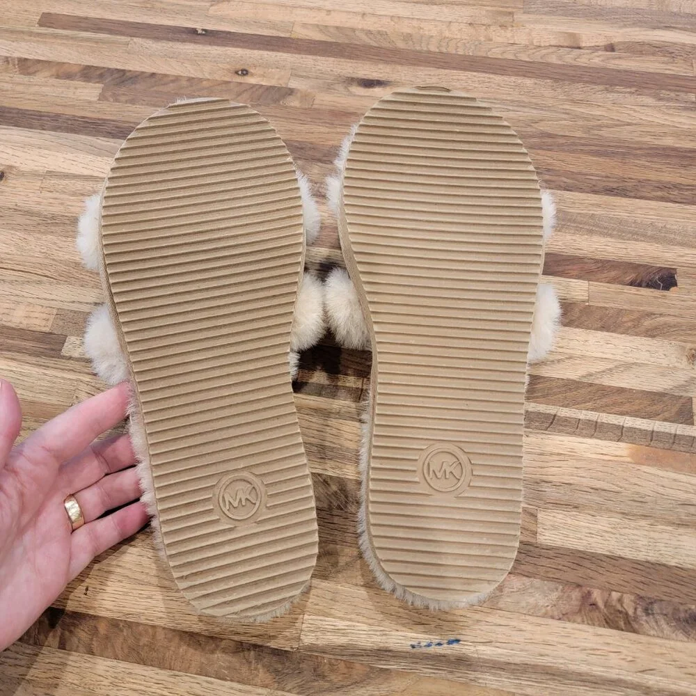 Michael Kors Scarlett Chain Cozy Faux Fur Slippers in camel multi color